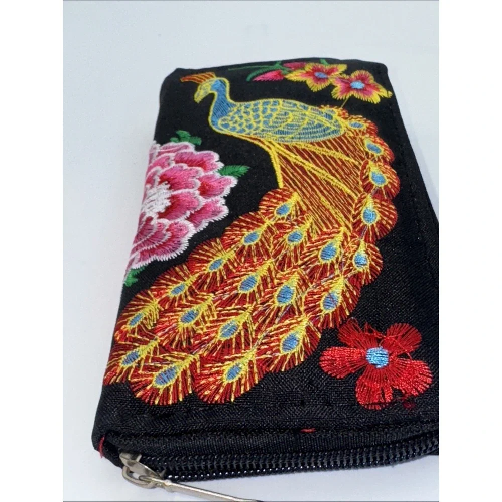 Black Canvas Pink Peacock & Floral‎ Embroidered Zippered Wallet - NEW (#5)